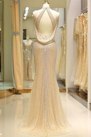 Meerjungfrau High Neck Bodenlang Split Gold mit Pailletten Perlen verziert Ballkleider