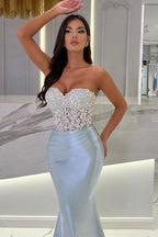 Meerjungfrau Himmelblau Stain Ärmelloses Sweetheart Bodenlanges Ballkleid mit Perlenbesatz