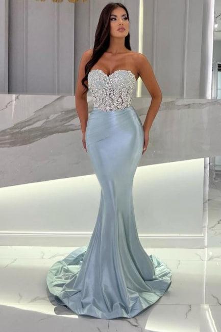 Meerjungfrau Himmelblau Stain Ärmelloses Sweetheart Bodenlanges Ballkleid mit Perlenbesatz
