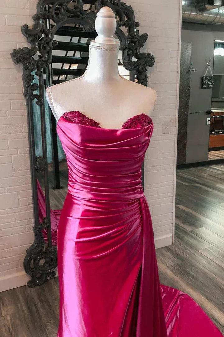 Vestidos de fiesta de sirena con escote corazón y satén con abertura y cola adjunta