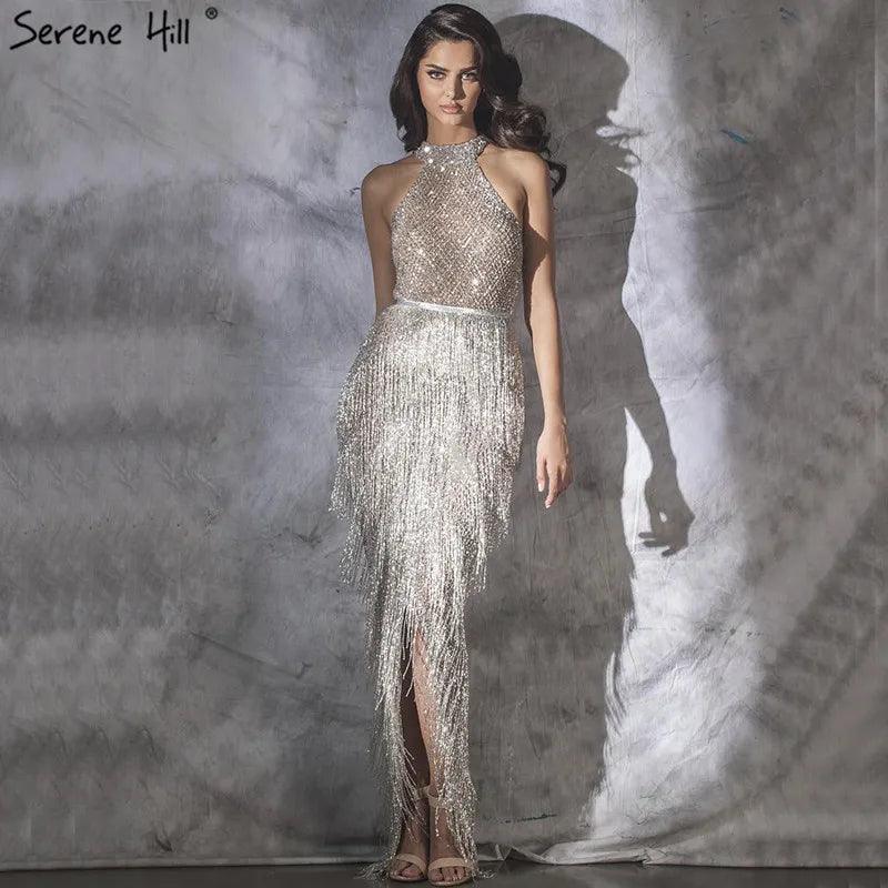 On Sale  no return no refund Mermaid Tassel Luxury Halter Rhinestones Evening Dress Pageant Gown Sleeveless Mermaid Split Robe de Soiree Serene Hill LA60776