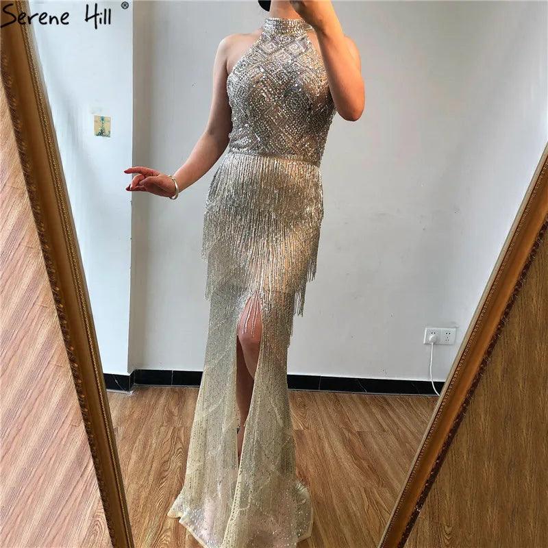 On Sale  no return no refund Mermaid Tassel Luxury Halter Rhinestones Evening Dress Pageant Gown Sleeveless Mermaid Split Robe de Soiree Serene Hill LA60776