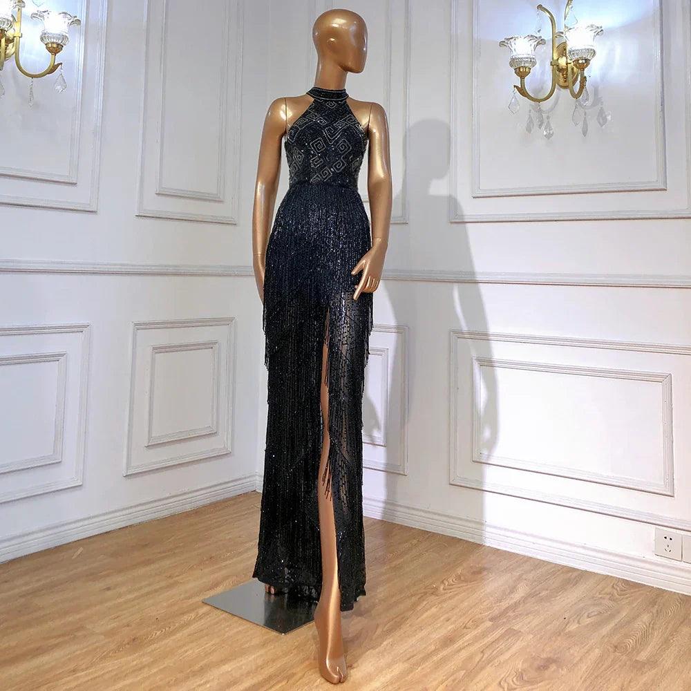 On Sale  no return no refund Mermaid Tassel Luxury Halter Rhinestones Evening Dress Pageant Gown Sleeveless Mermaid Split Robe de Soiree Serene Hill LA60776