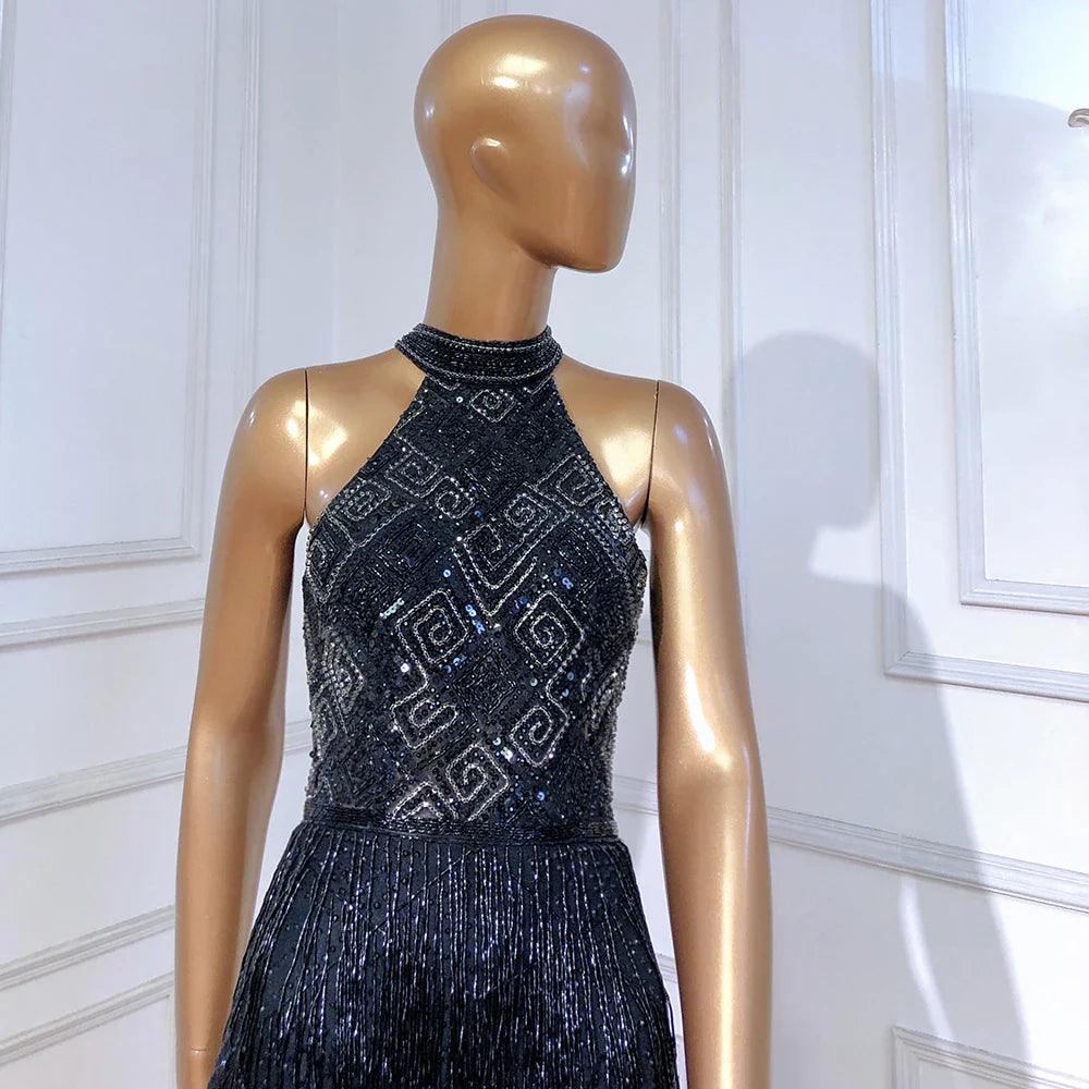 On Sale  no return no refund Mermaid Tassel Luxury Halter Rhinestones Evening Dress Pageant Gown Sleeveless Mermaid Split Robe de Soiree Serene Hill LA60776