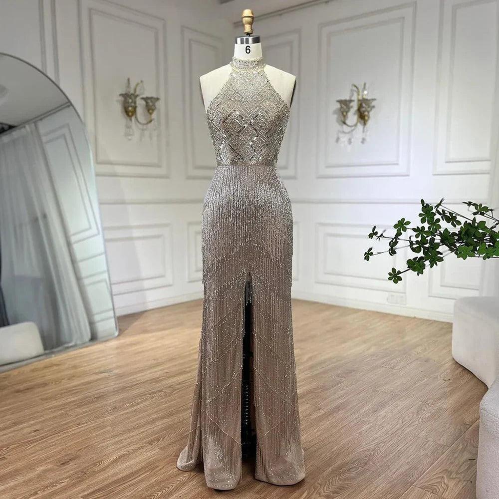 On Sale  no return no refund Mermaid Tassel Luxury Halter Rhinestones Evening Dress Pageant Gown Sleeveless Mermaid Split Robe de Soiree Serene Hill LA60776