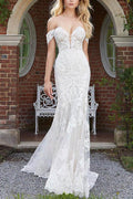 Vestidos de novia de sirena con hombros descubiertos, encaje, cola larga y cremallera