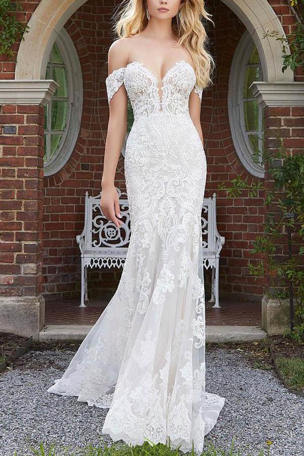Vestidos de novia de sirena con hombros descubiertos, encaje, cola larga y cremallera