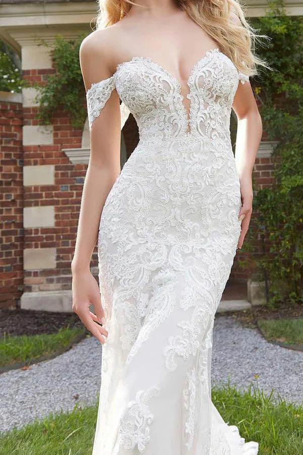 Vestidos de novia de sirena con hombros descubiertos, encaje, cola larga y cremallera