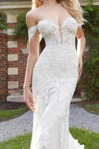 Vestidos de novia de sirena con hombros descubiertos, encaje, cola larga y cremallera