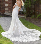 Vestidos de novia de sirena con hombros descubiertos, encaje, cola larga y cremallera