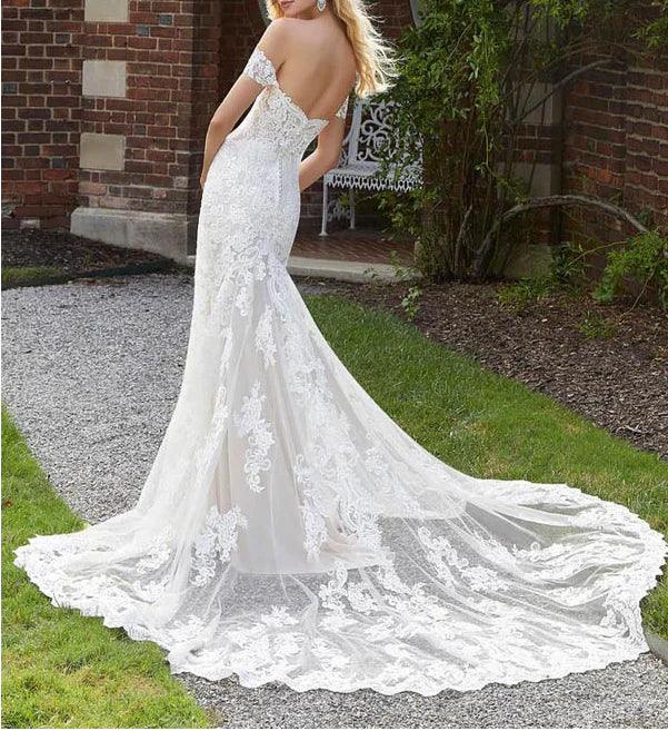 Vestidos de novia de sirena con hombros descubiertos, encaje, cola larga y cremallera