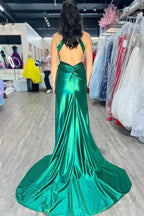 Meerjungfrauen-Abendkleid aus dunkelgrünem Satin mit Neckholder und Perlen