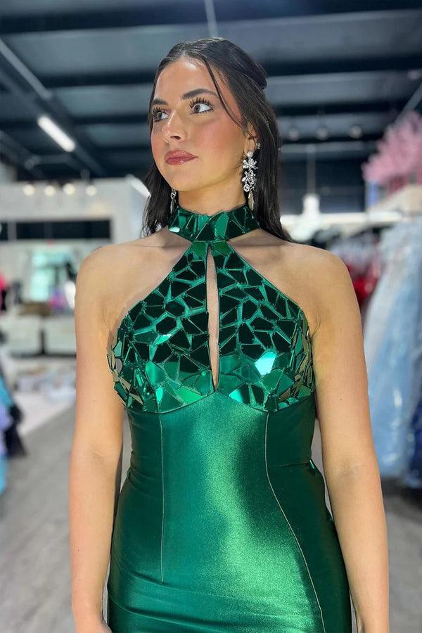 Meerjungfrauen-Abendkleid aus dunkelgrünem Satin mit Neckholder und Perlen
