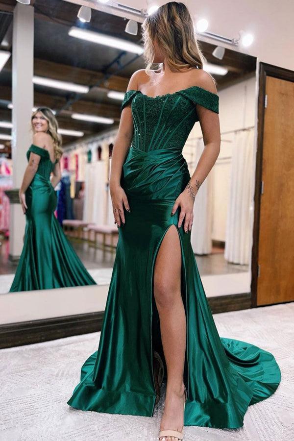 Langes Meerjungfrauen-Abendkleid aus Satin und Spitze mit schulterfreiem Schnitt