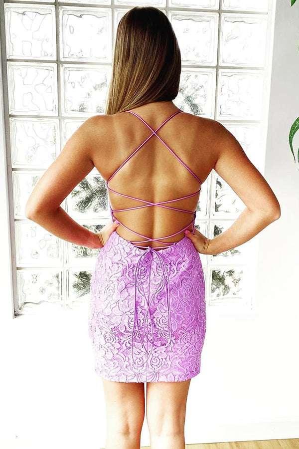 Mermaid Purple Bodycon Lace Up Short Lace Homecoming Dress  PD473