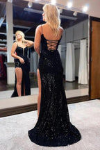 Rotes Ballkleid im Meerjungfrau-Stil mit Spaghettiträgern und Schlitz, PSK556