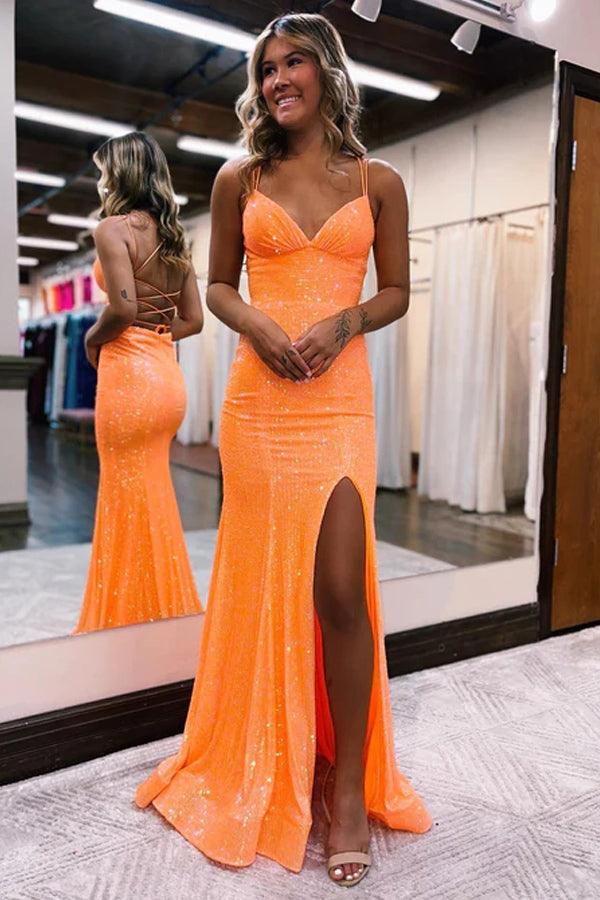 Meerjungfrauen-Abendkleid mit Spaghettiträgern, orange, eng anliegend und mit Schlitz