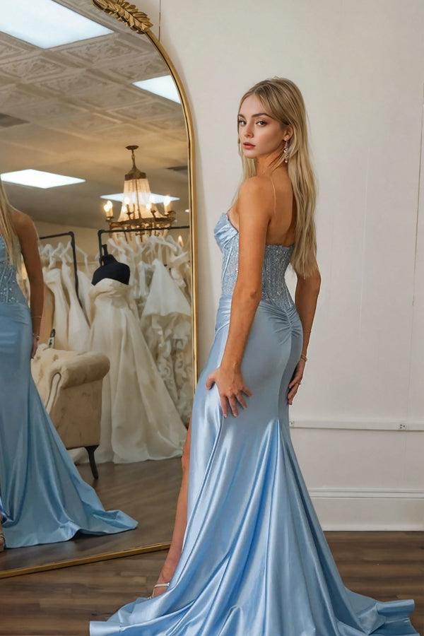 Vestido de fiesta largo azul con abertura y corsé de encaje sin tirantes de sirena