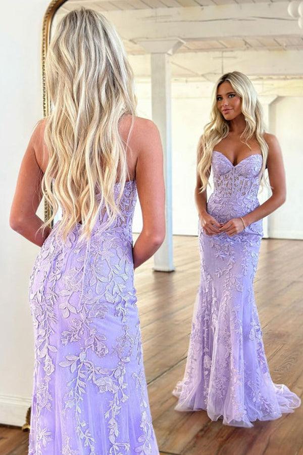 Vestido de fiesta largo morado con escote corazón y encaje de sirena, vestido formal PSK365