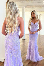 Vestido de fiesta largo morado con escote corazón y encaje de sirena, vestido formal PSK365