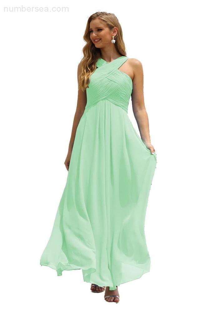 Numbersea Women Halter Chiffon Bridesmaid Dress A-line Long Formal Prom Gown SEA28015-numbersea