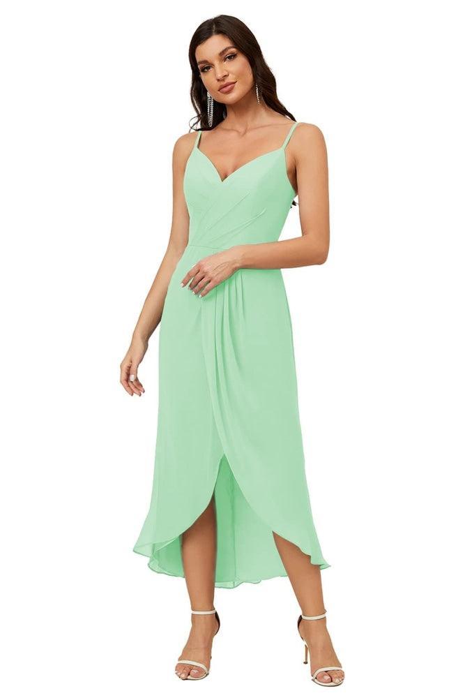 Numbersea Spaghetti Chiffon V Neck Bridesmaid Dress Mid-Length Slit Formal Prom Dress Homecoming Dress 2803-numbersea