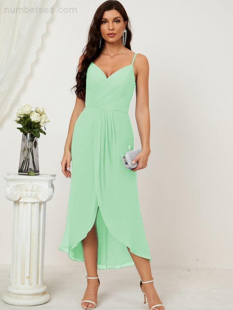 Numbersea Spaghetti Chiffon V Neck Bridesmaid Dress Mid-Length Slit Formal Prom Dress Homecoming Dress 2803-numbersea