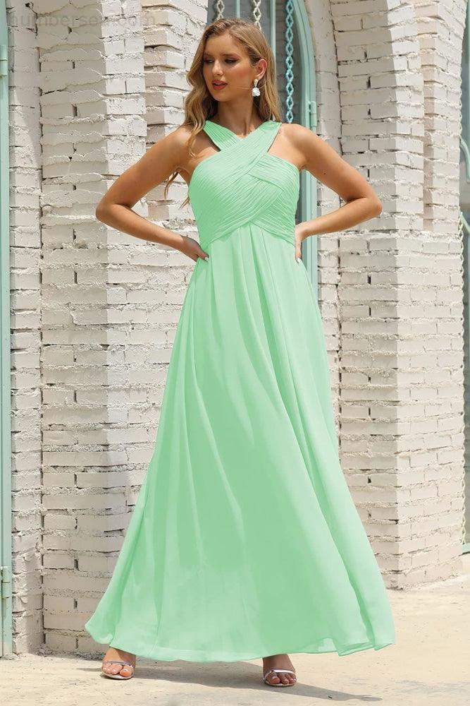 Numbersea Women Halter Chiffon Bridesmaid Dress A-line Long Formal Prom Gown SEA28015-numbersea