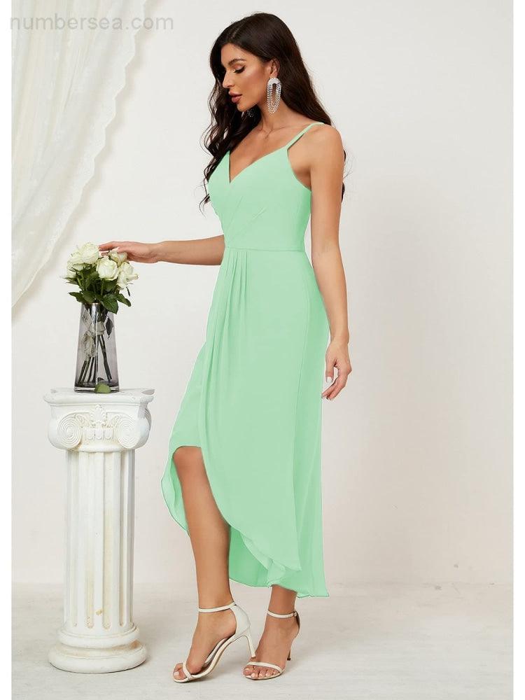 Numbersea Spaghetti Chiffon V Neck Bridesmaid Dress Mid-Length Slit Formal Prom Dress Homecoming Dress 2803-numbersea