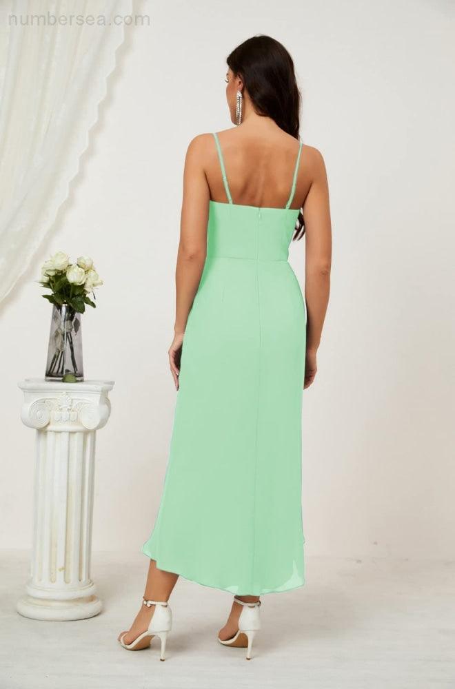 Numbersea Spaghetti Chiffon V Neck Bridesmaid Dress Mid-Length Slit Formal Prom Dress Homecoming Dress 2803-numbersea
