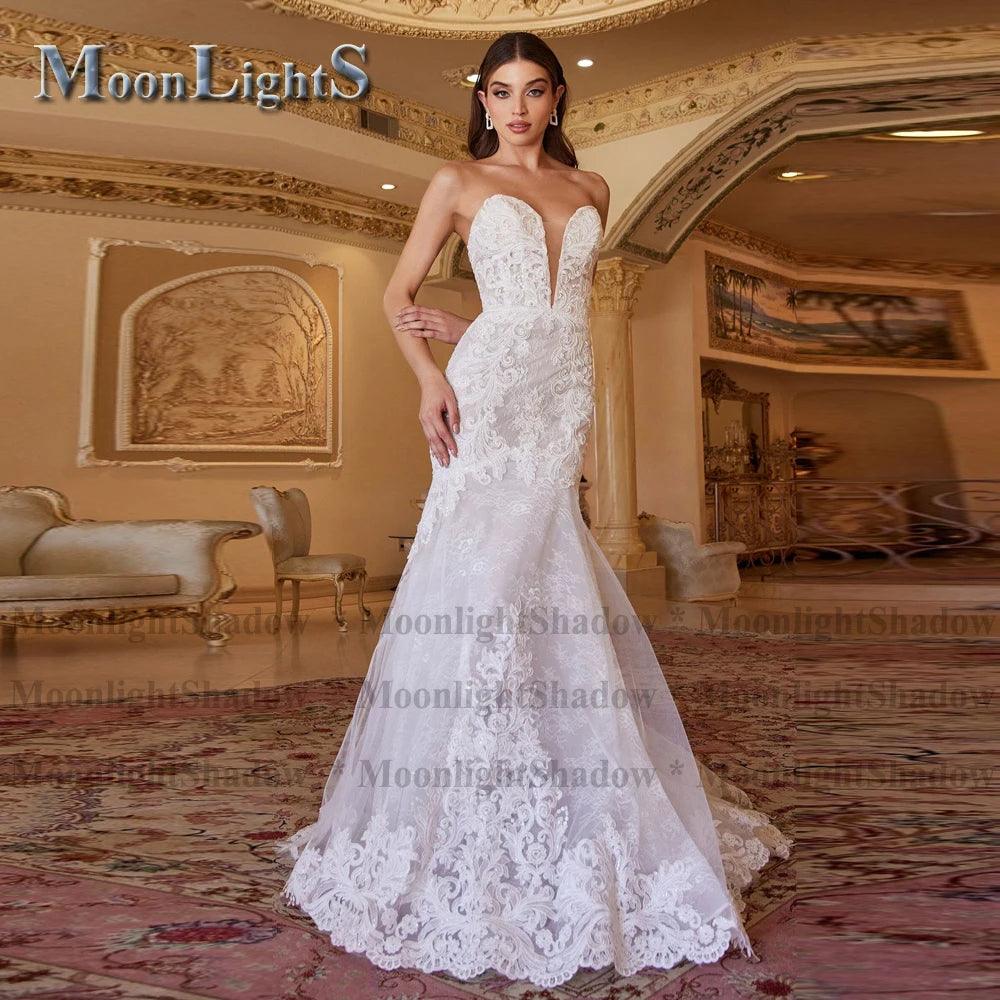 MoonlightShadow Luxuriöses Meerjungfrau-Hochzeitskleid in Übergröße, sexy, tiefer V-Ausschnitt, detaillierte Mariee-Robe de Soiree Mariage, Maßanfertigung 