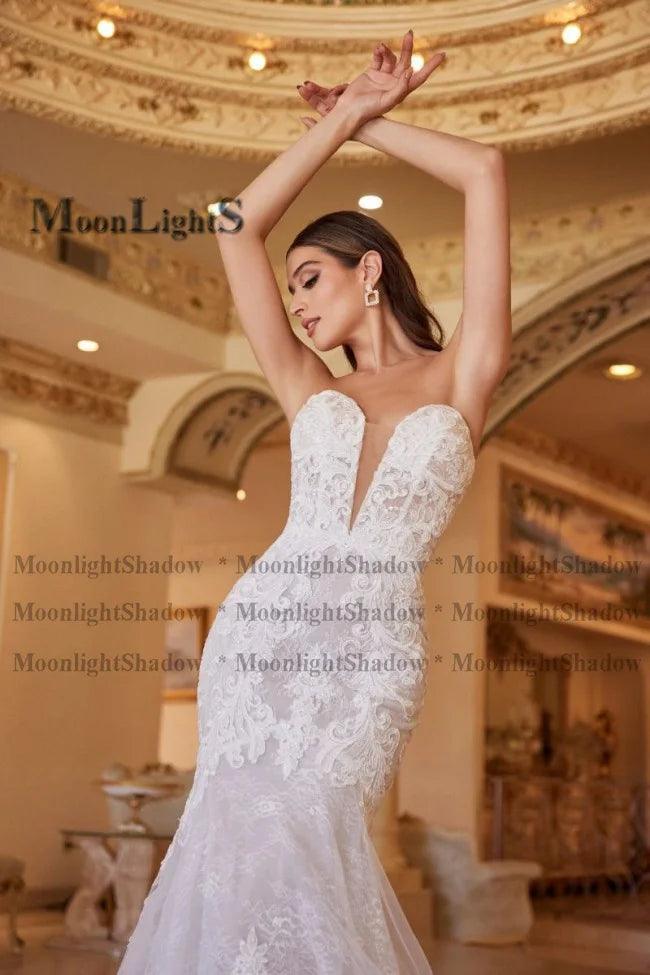 MoonlightShadow Luxuriöses Meerjungfrau-Hochzeitskleid in Übergröße, sexy, tiefer V-Ausschnitt, detaillierte Mariee-Robe de Soiree Mariage, Maßanfertigung 