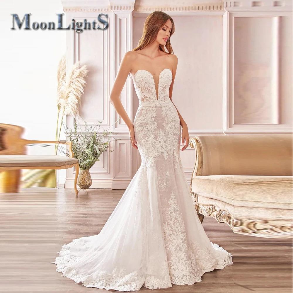 MoonlightShadow Luxuriöses Meerjungfrau-Hochzeitskleid in Übergröße, sexy, tiefer V-Ausschnitt, detaillierte Mariee-Robe de Soiree Mariage, Maßanfertigung 