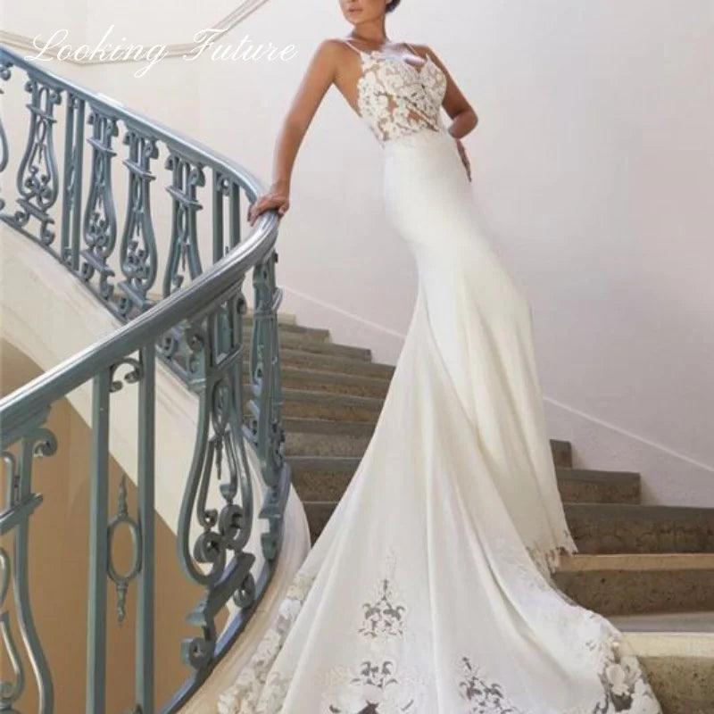 Morden Lace Satin Mermaid Wedding Dresses Sweetheart Sleeveless Bridal Gown Simple Plain Long Train Sweep Train Custom Made