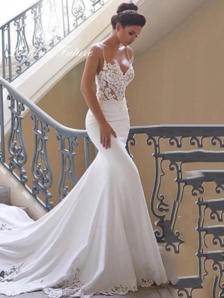 Morden Lace Satin Mermaid Wedding Dresses Sweetheart Sleeveless Bridal Gown Simple Plain Long Train Sweep Train Custom Made