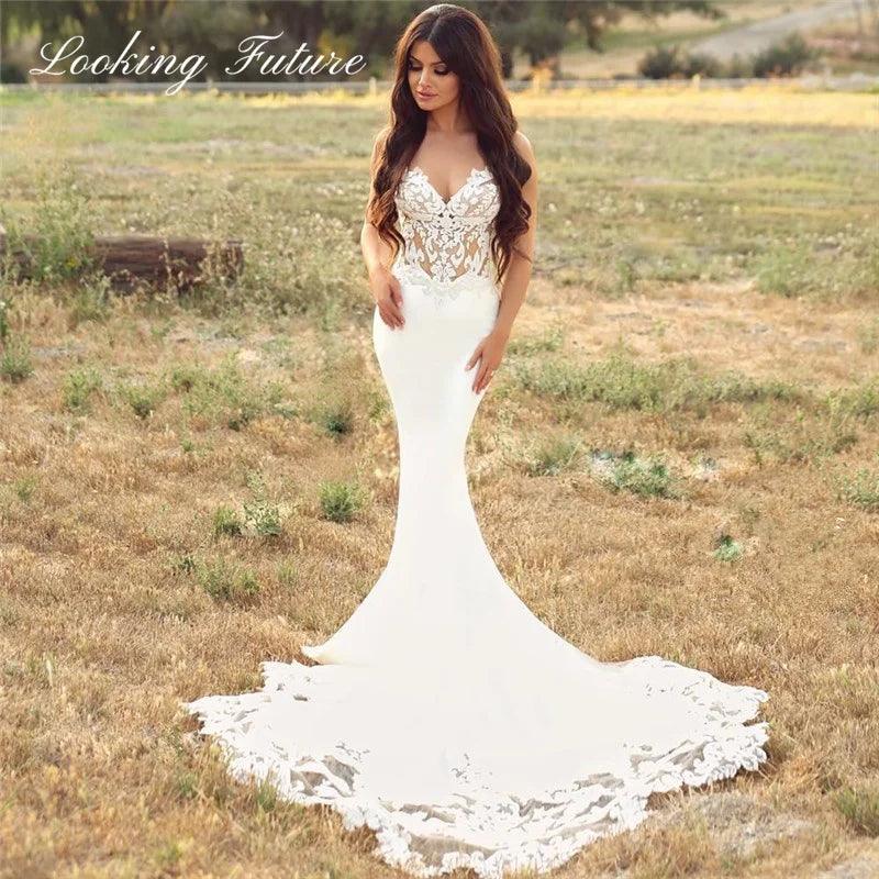 Morden Lace Satin Mermaid Wedding Dresses Sweetheart Sleeveless Bridal Gown Simple Plain Long Train Sweep Train Custom Made