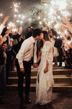 NumberSea Etui-Brautkleid im Boho-Stil mit Fledermausärmeln und Spitze, rustikales Elfenbein, MW276