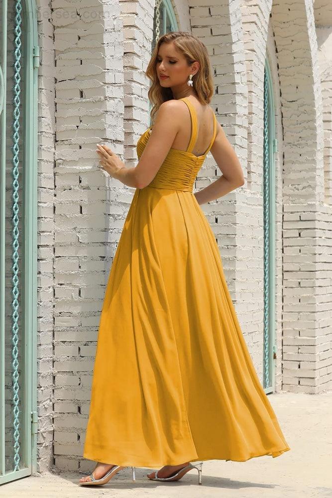 Numbersea Women Halter Chiffon Bridesmaid Dress A-line Long Formal Prom Gown SEA28015-numbersea