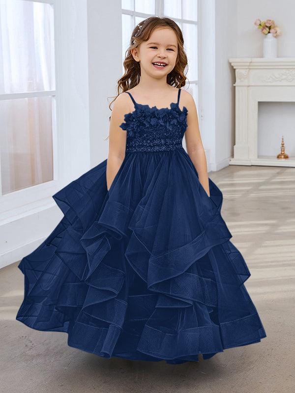Schieferblaues ärmelloses A-Linien-Prinzessinnenkleid aus Tüll für Blumenmädchen 