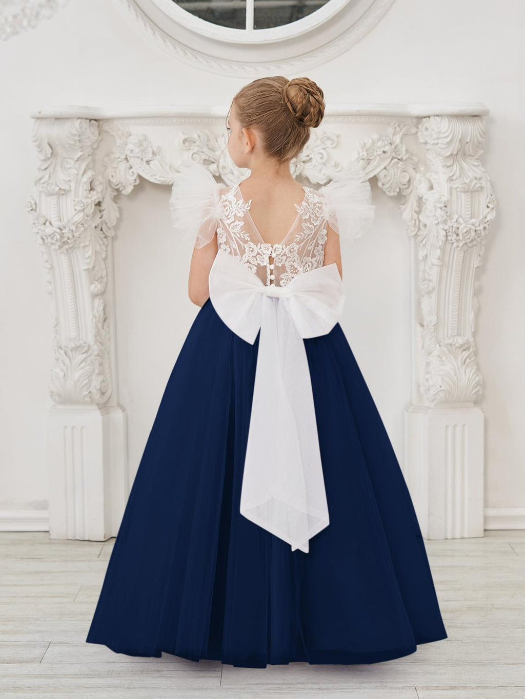 Vestido de niña de las flores con cola larga y tul con encaje desmontable 