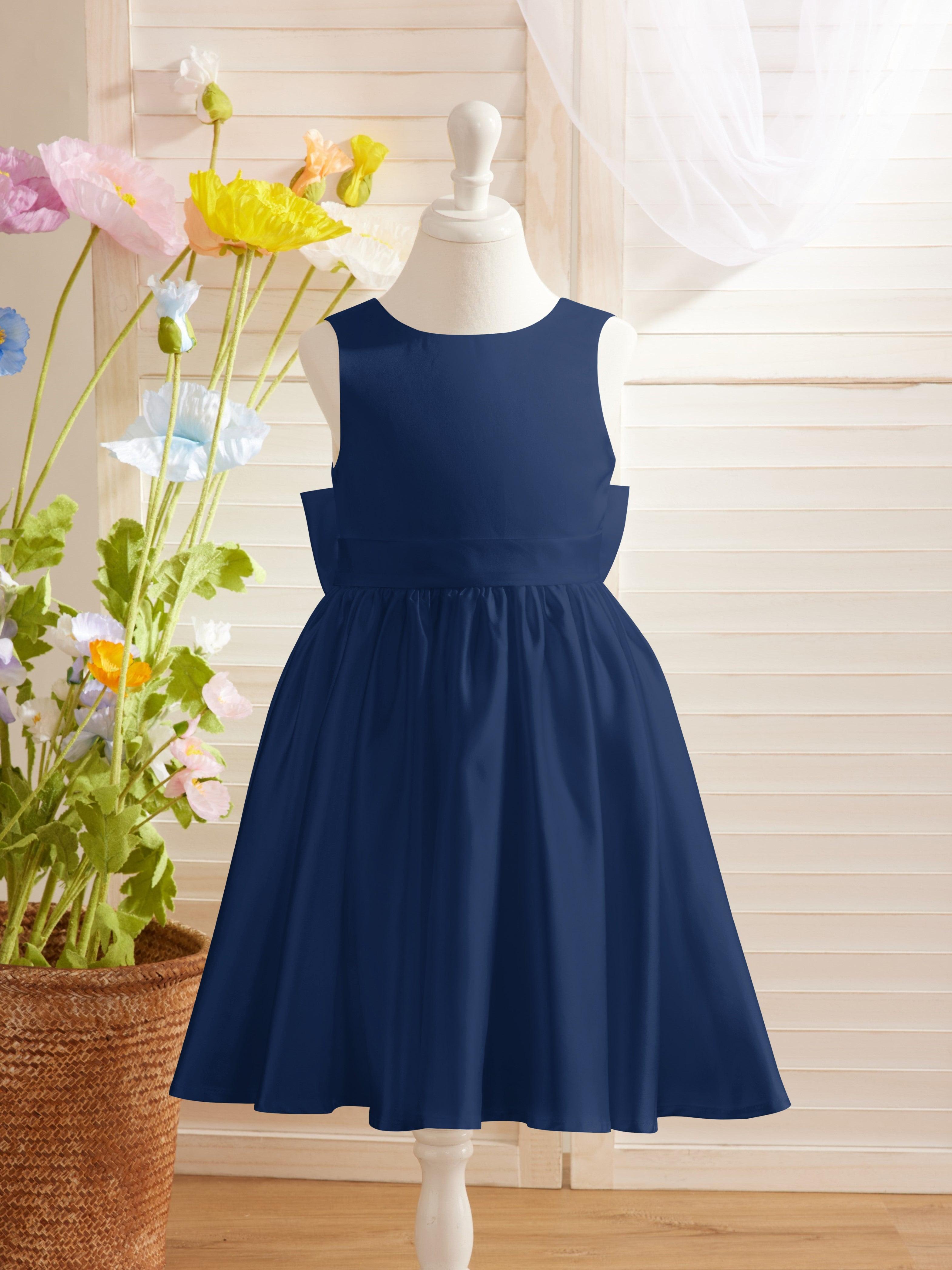 Elegantes A-Linien-Satin-Kleid mit V-Rücken und Schleife, knielang, Blumenmädchenkleid