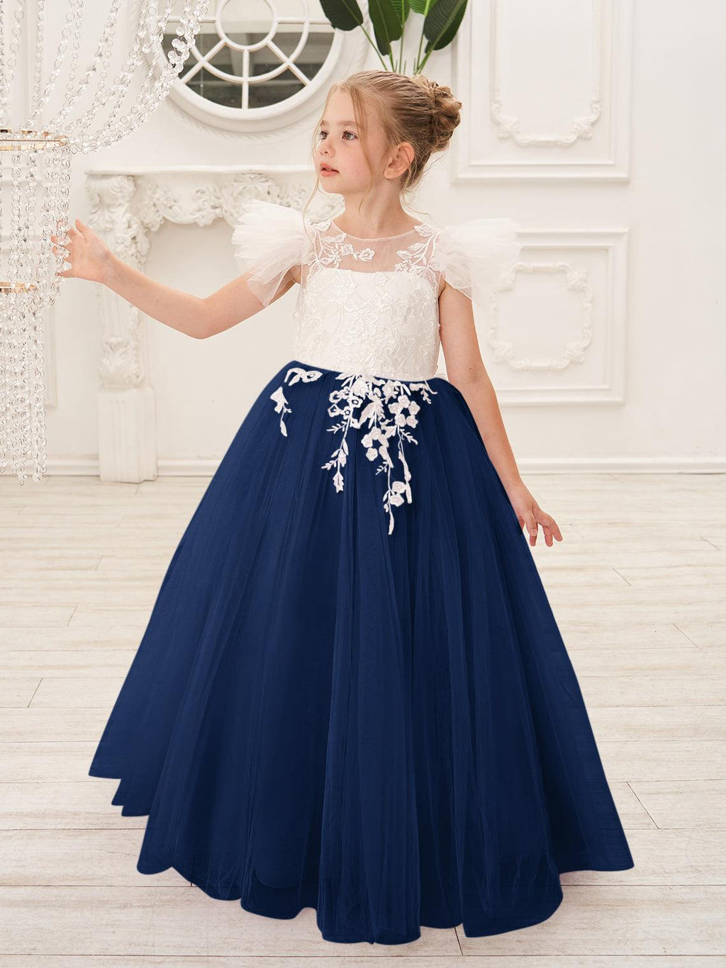 Abnehmbares Blumenmädchenkleid aus Spitze und Tüll mit Schleppe 