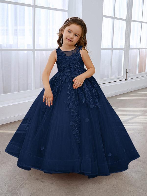 Vestido de princesa rosa para niña con apliques de encaje 