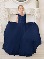 Elegante vestido de niña de las flores de tul blanco con cola larga 