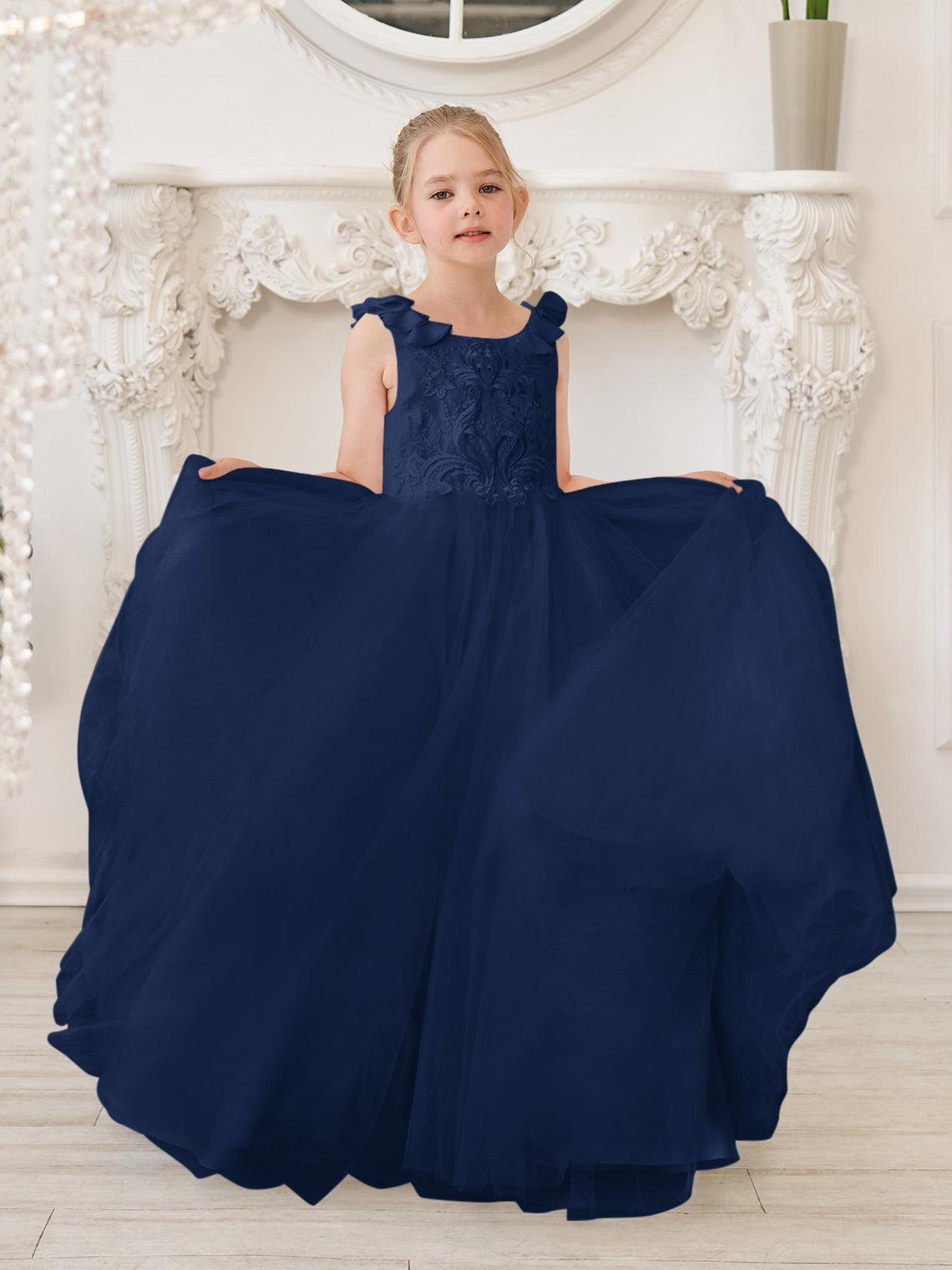 Elegante vestido de niña de las flores de tul blanco con cola larga 