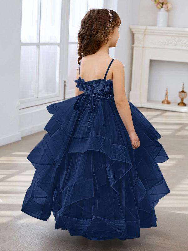 Schieferblaues ärmelloses A-Linien-Prinzessinnenkleid aus Tüll für Blumenmädchen 