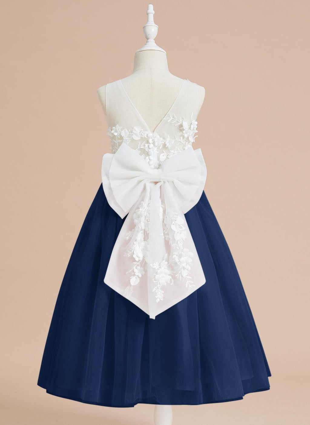 Vestido largo hasta la rodilla con encaje floral y lazo grande 