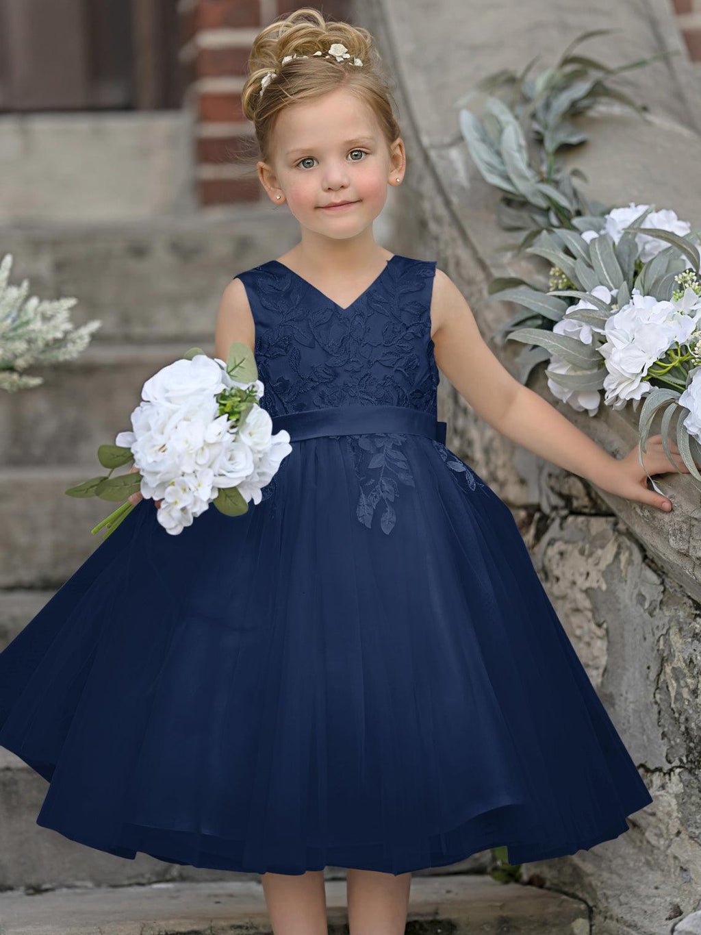 Vestido de niña de las flores sin mangas con encaje de tul hasta la rodilla 