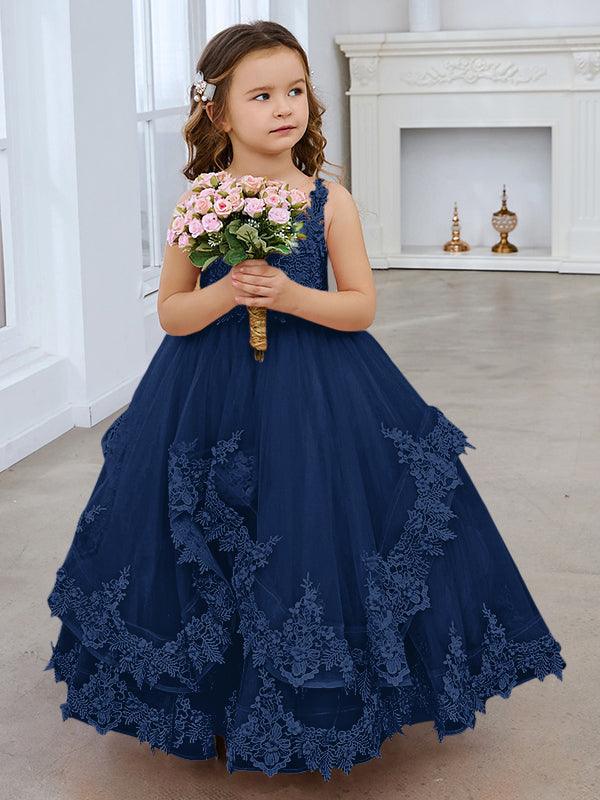 Vestido de princesa de tul sin mangas con apliques de encaje y cola larga para niñas 