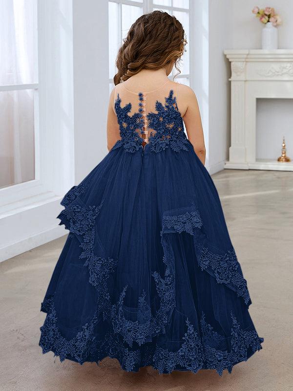 Vestido de princesa de tul sin mangas con apliques de encaje y cola larga para niñas 